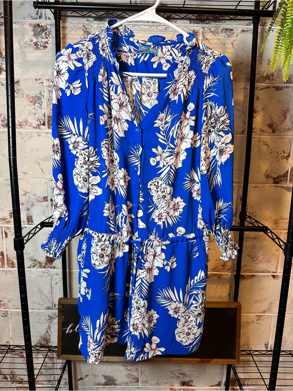Fleur Bleue Floral Shirred Waist Blue Women's Romper